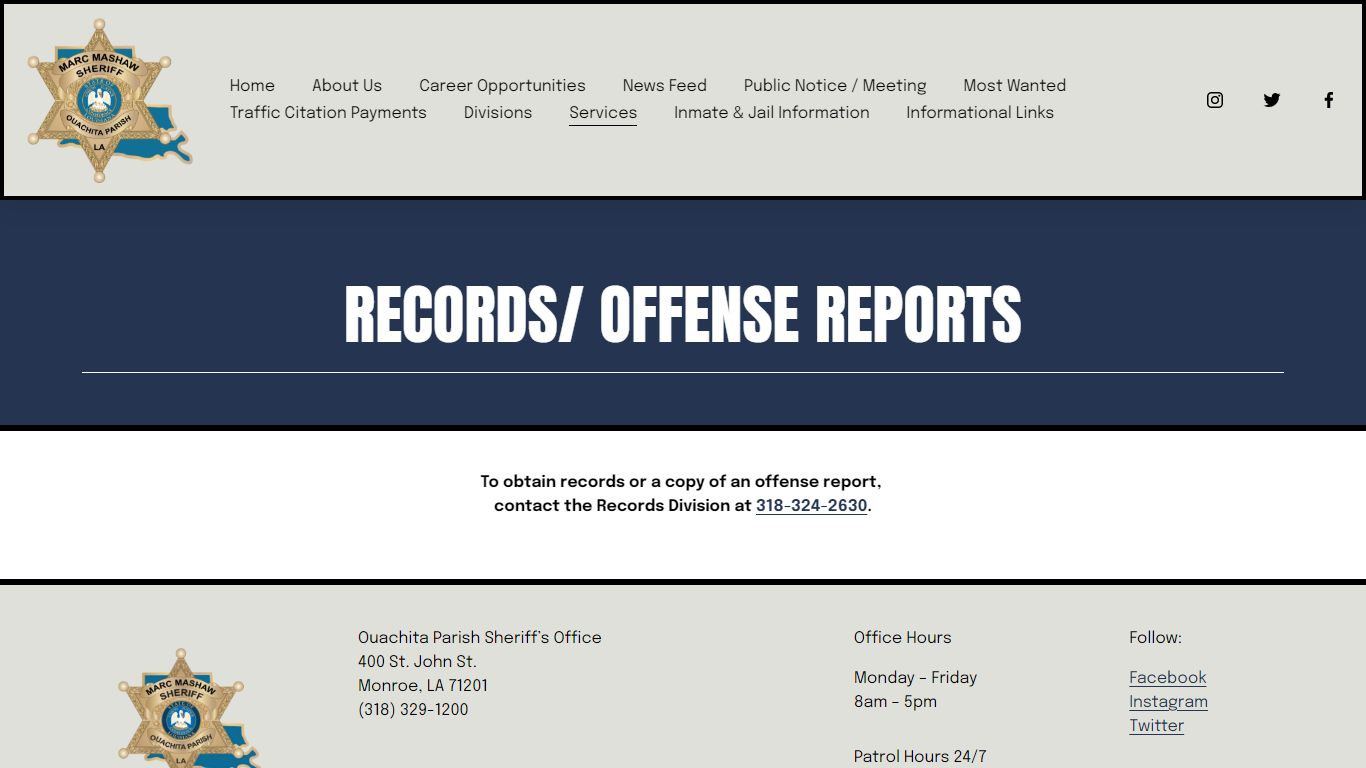 Records/Offense Reports - Ouachita Parish Sheriff's Office