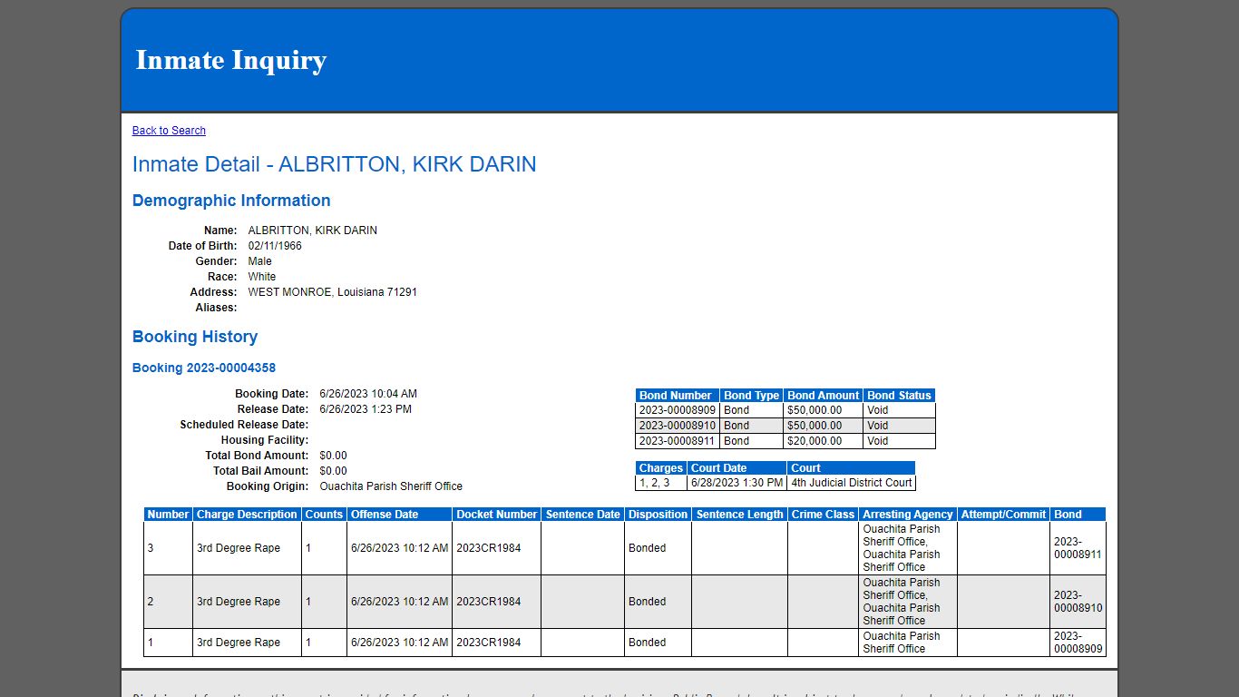 Inmate Detail - ALBRITTON, KIRK DARIN - OPSO